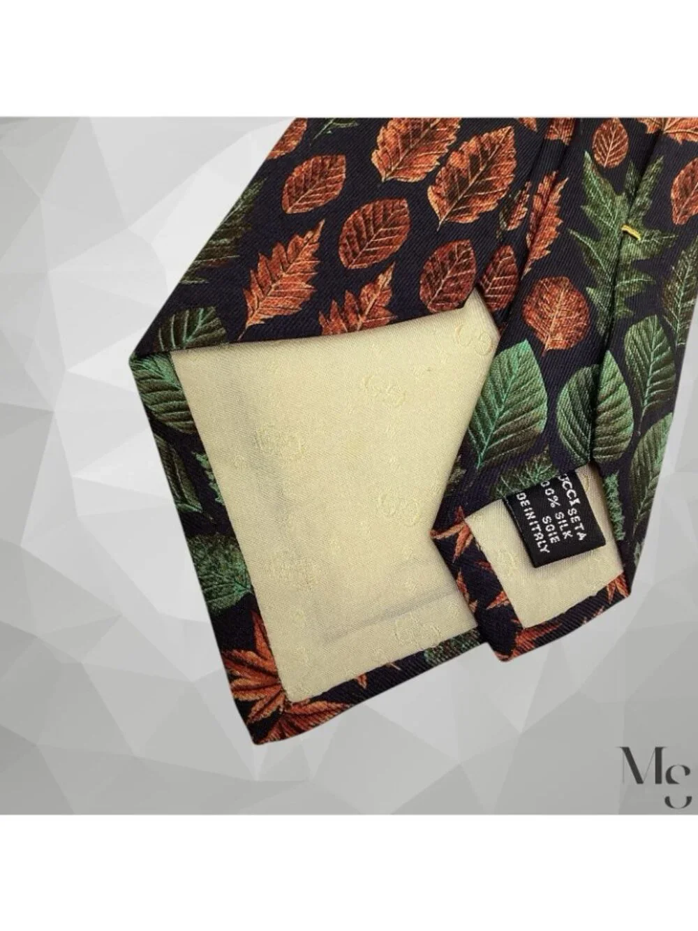 GUCCI Green Brown Leaf Print Luxury Silk Tie Made In Italy 58”- 3.9